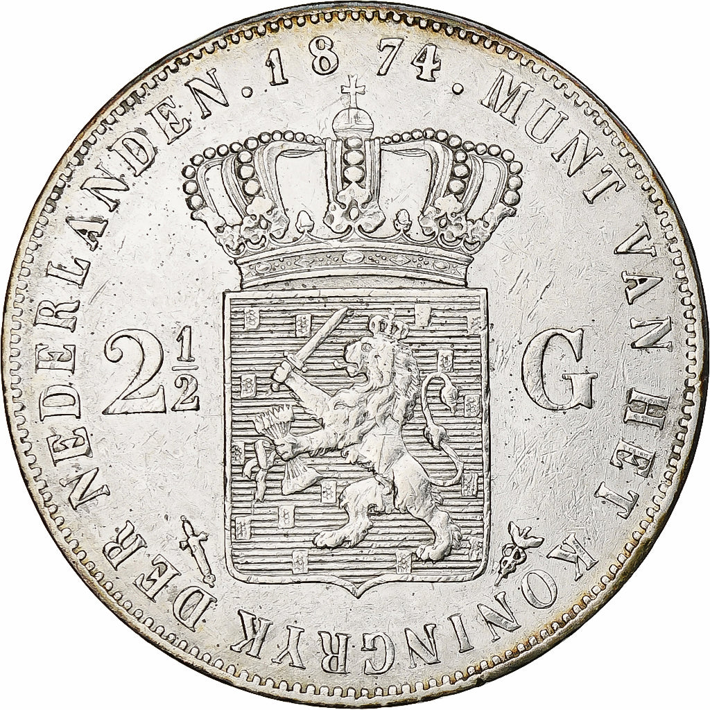 Paesi Bassi, William III, 2-1/2 Gulden, 1874, Argento, BB+, KM:82