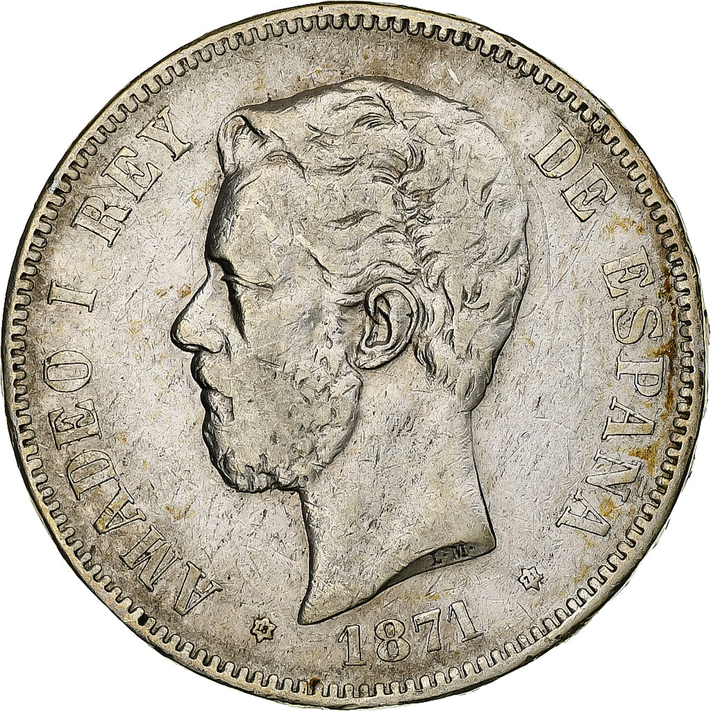 Hiszpania, Amadeao I, 5 Pesetas, 1871, Madrid, Srebro, VF(30-35), KM:666