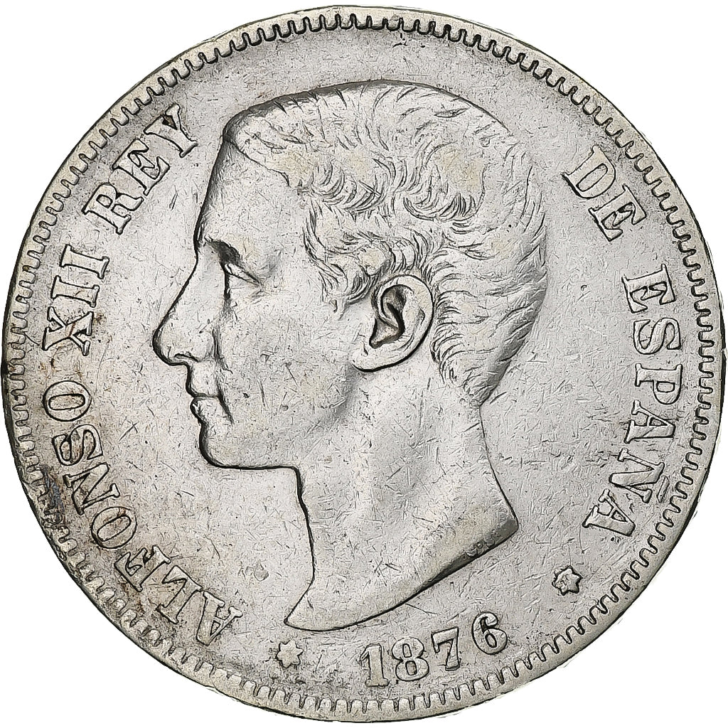 Hiszpania, Alfonso XII, 5 Pesetas, 1876, Madrid, Srebro, VF(30-35), KM:671