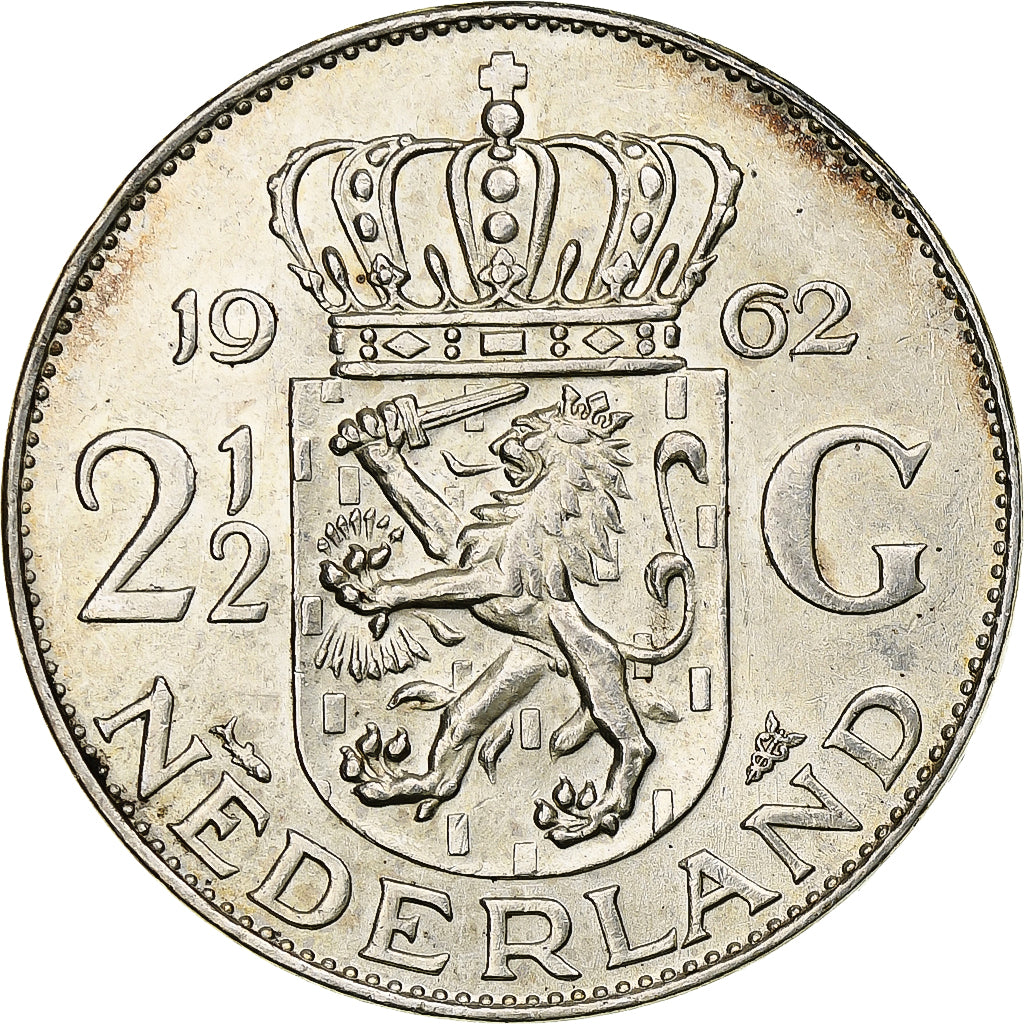Netherlands, Juliana, 2-1/2 Gulden, 1962, Silver, AU(55-58), KM:185