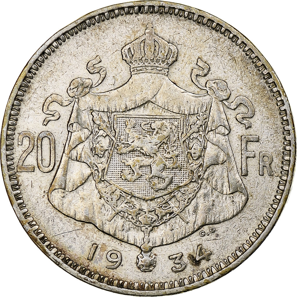 Belgique, Albert I, 20 Francs, 20 Frank, 1934, Argent, TTB, KM:104.1