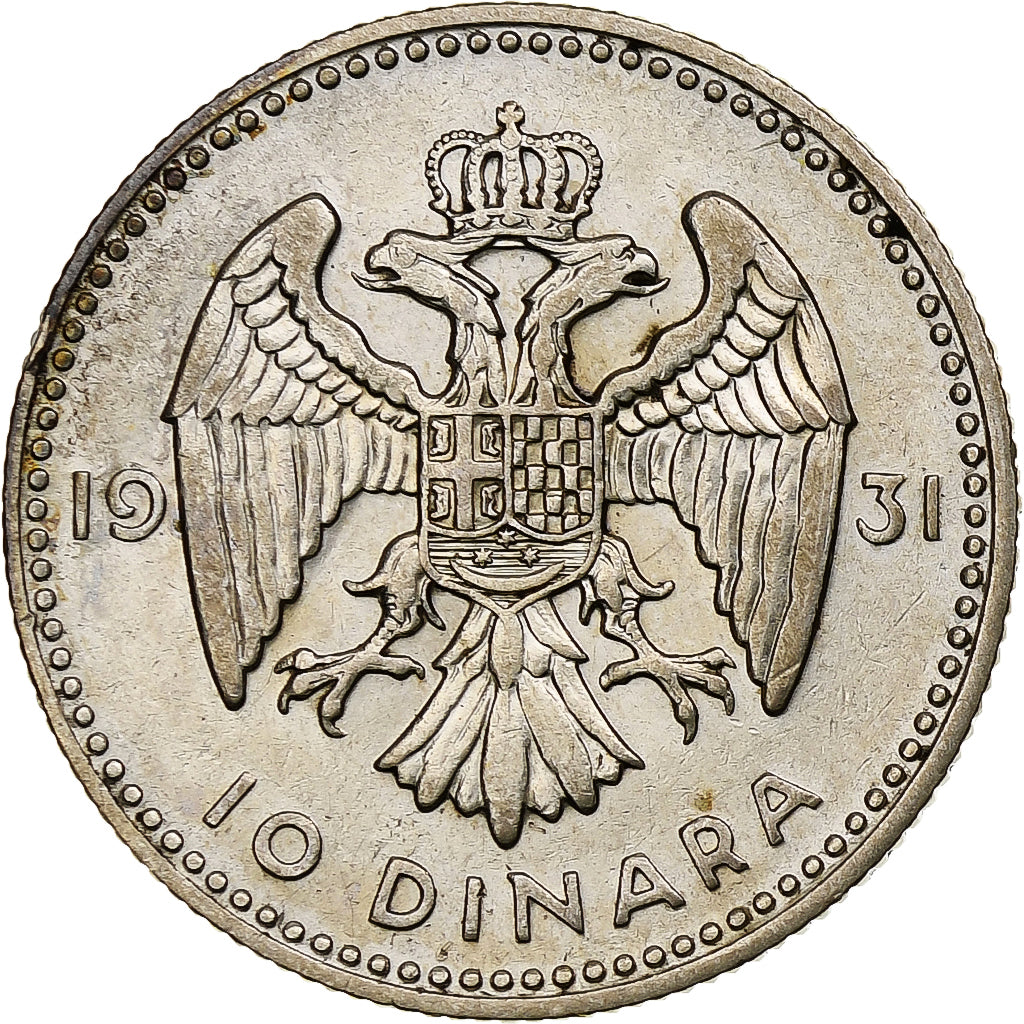 Iugoslavia, Alexander I, 10 Dinara, 1931, Argento, BB, KM:10