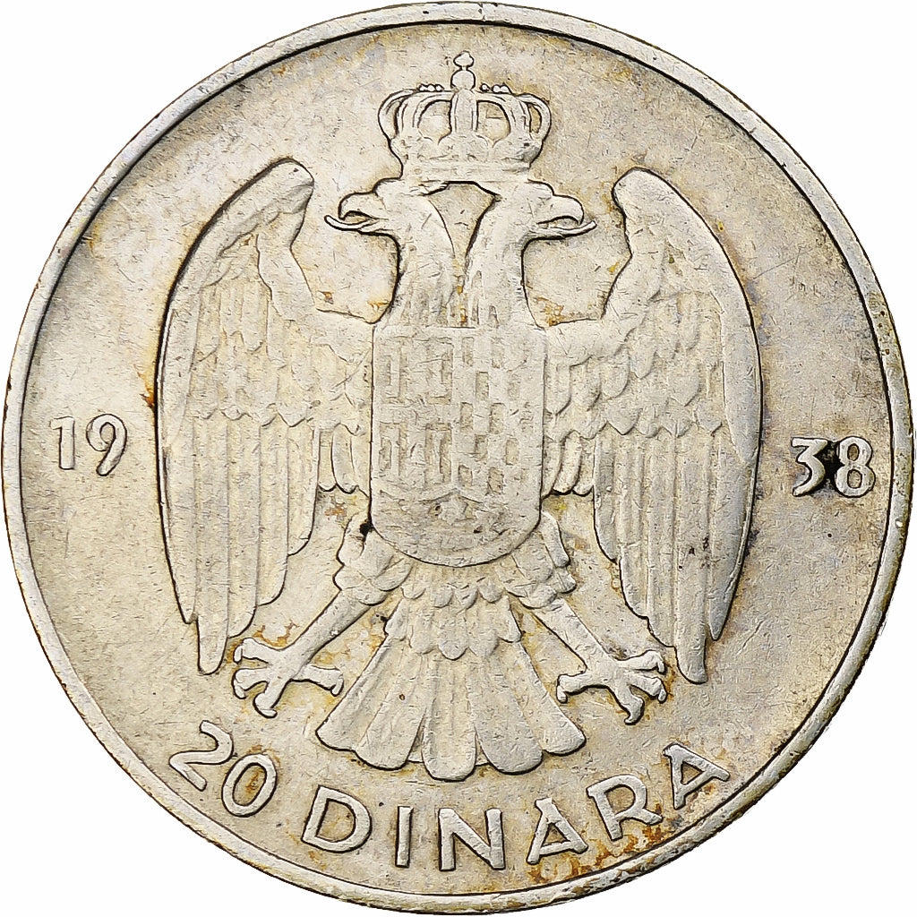 Yugoslavia, Petar II, 20 Dinara, 1938, Silver, EF(40-45), KM:23