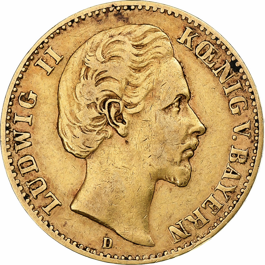 German States, BAVARIA, Ludwig II, 10 Mark, 1880, Munich, Gold, VF(30-35)