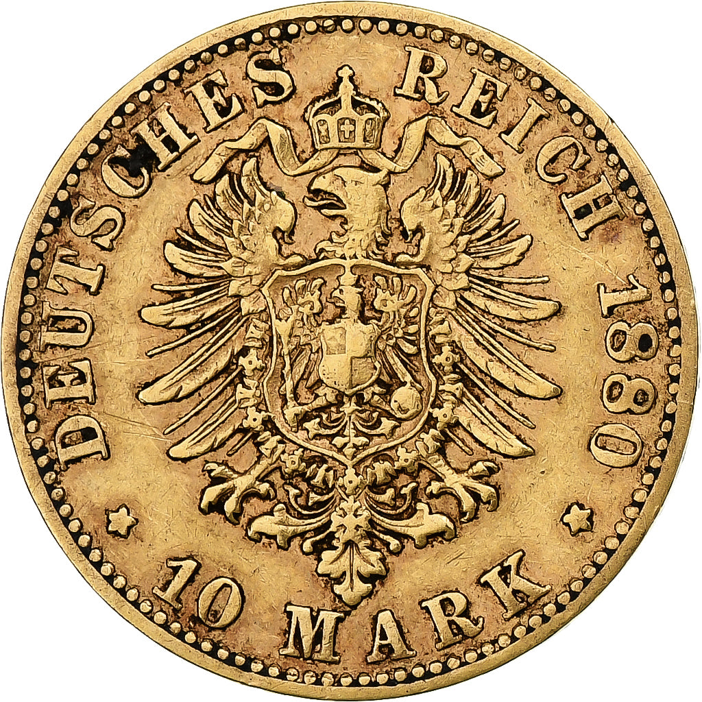 German States, BAVARIA, Ludwig II, 10 Mark, 1880, Munich, Gold, VF(30-35)