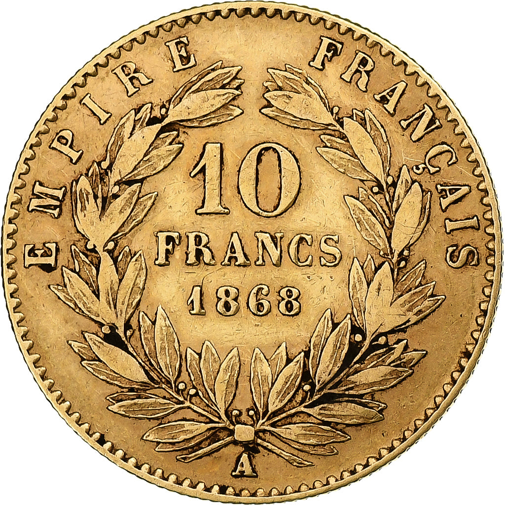Francja, Napoleon III, 10 Francs, 1868, Paris, Złoto, VF(30-35), Gadoury:1015