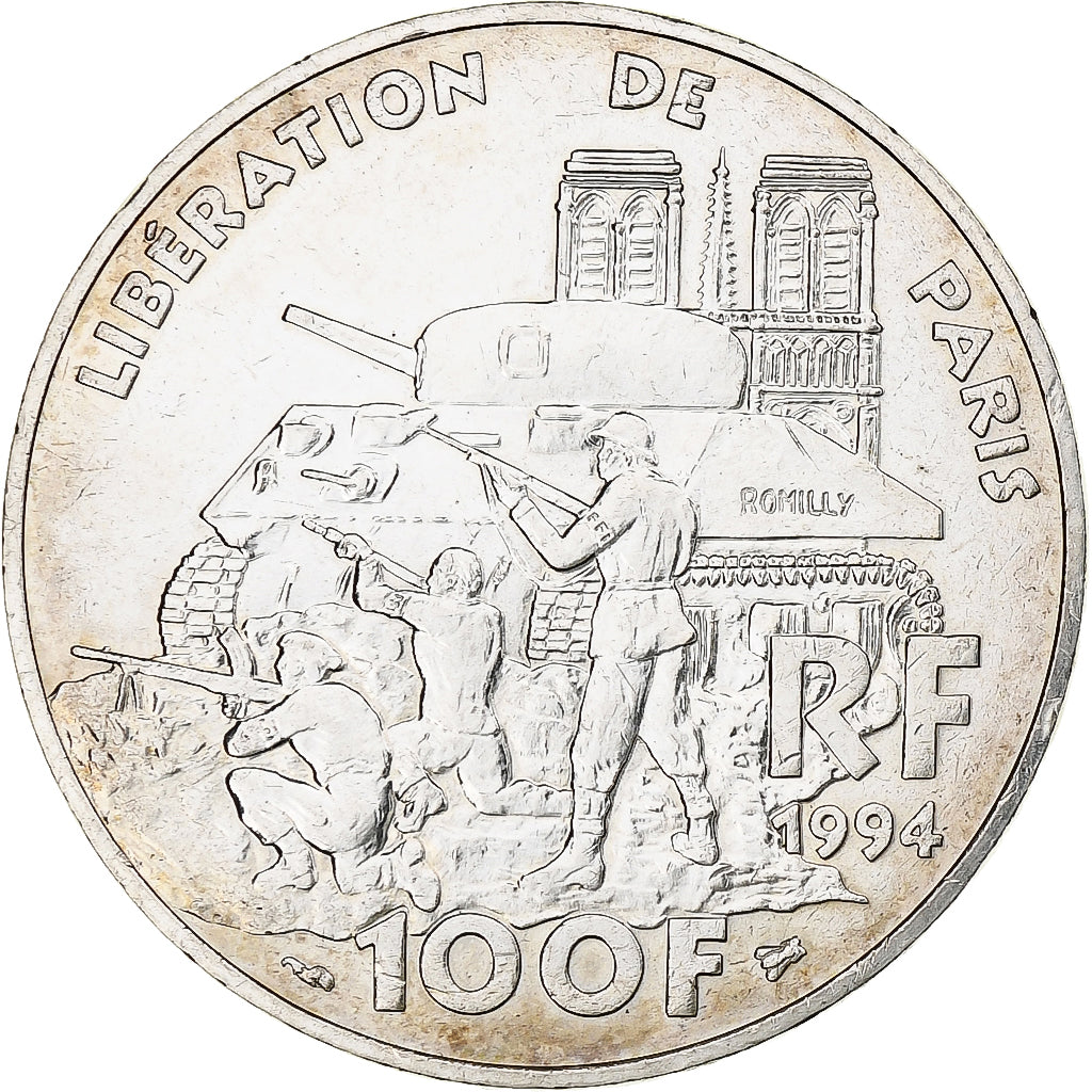 France, 100 Francs, Libération de Paris, 1994, Silver, AU(55-58), Gadoury:935