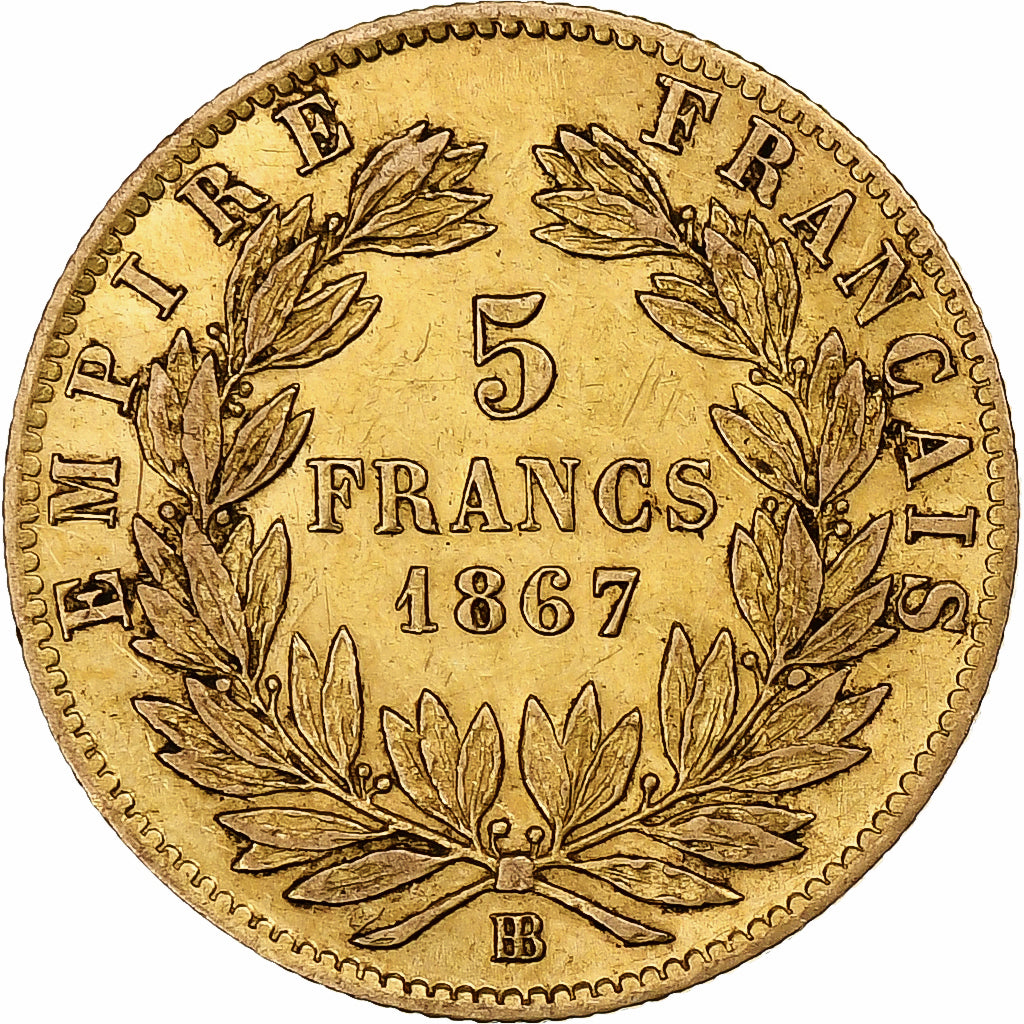 Frankrijk, Napoleon III, 5 Francs, 1867, Strasbourg, Goud, ZF, Gadoury:1002