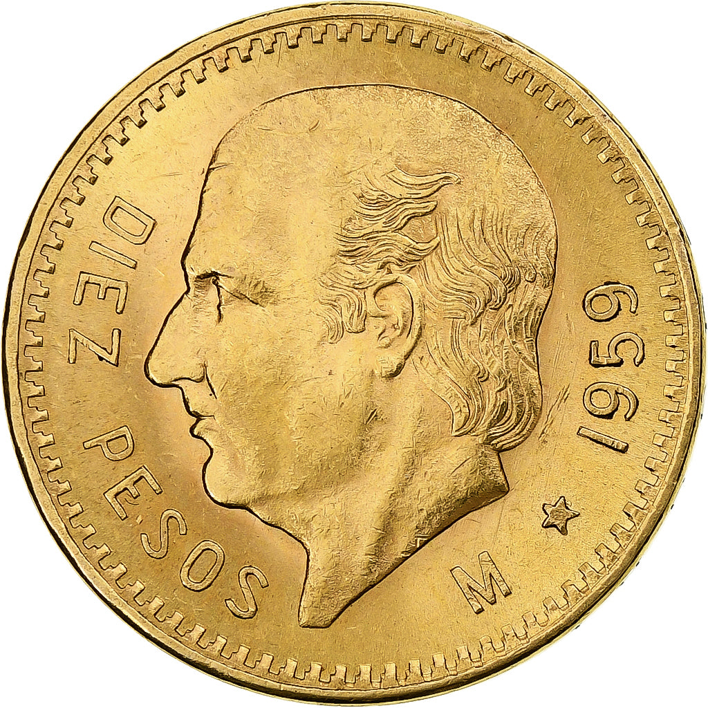 Mexico, 10 Pesos, 1959, Mexico City, Gold, AU(55-58), KM:473