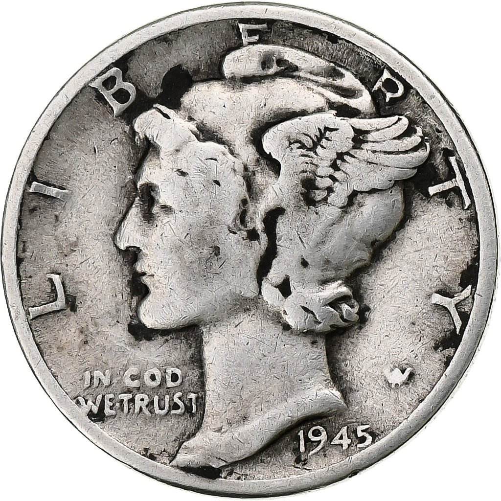 Vereinigte Staaten, Mercury Dime, 1945, Philadelphia, Silber, S+, KM:140