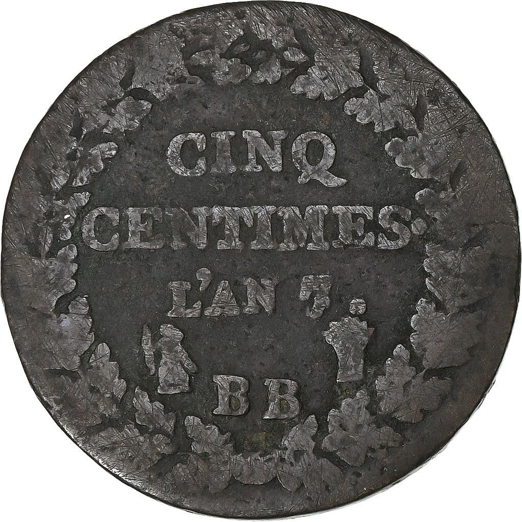 Frankrijk, 5 Centimes, Dupré, AN 7 (1798-1799), Strasbourg, Bronzen, ZG+