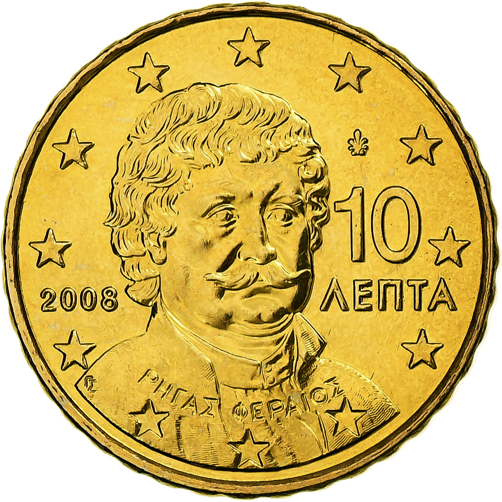 Greece, 10 Euro Cent, 2008, Athens, Brass, MS(65-70), KM:211