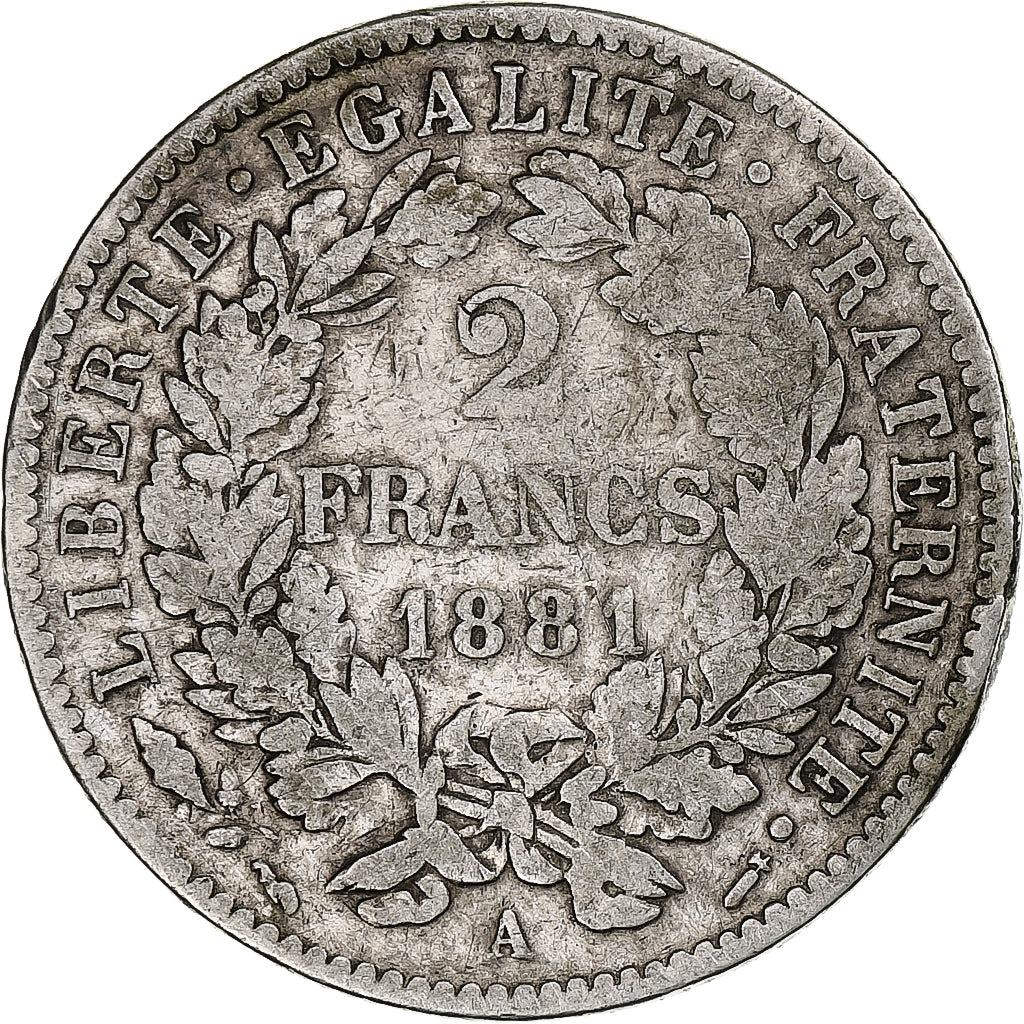 Francia, 2 Francs, Cérès, 1881, Paris, Argento, MB, Gadoury:530a, KM:817.1