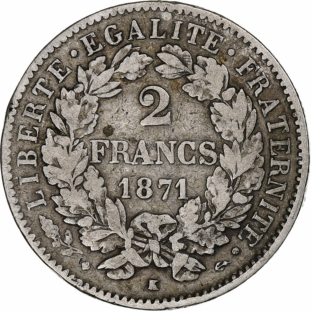 France, 2 Francs, Cérès, 1871, Bordeaux, Silver, VF(30-35), Gadoury:530