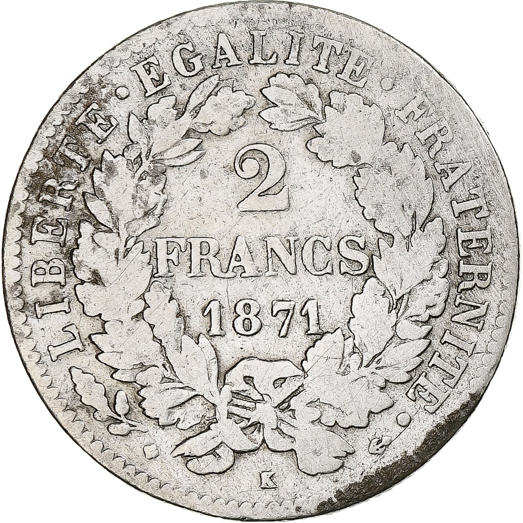 Francia, 2 Francs, Cérès, 1871, Bordeaux, Plata, BC, Gadoury:530, KM:817.2