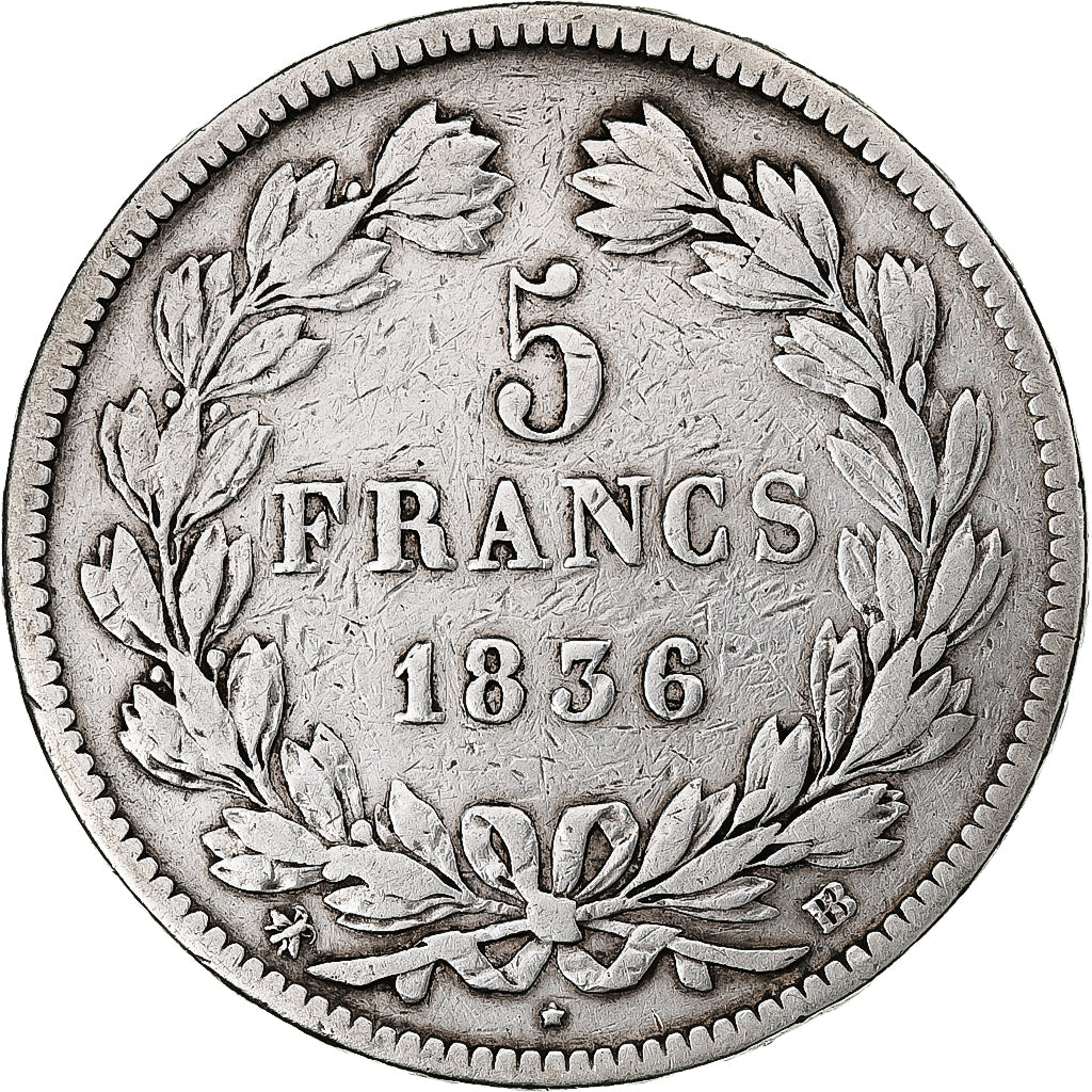 Francia, 5 Francs, Louis-Philippe, 1836, Strasbourg, Argento, MB, Gadoury:678
