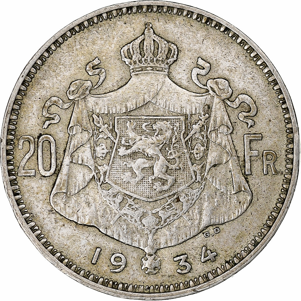 Belgio, Albert I, 20 Francs, 20 Frank, 1934, Argento, BB, KM:104.1