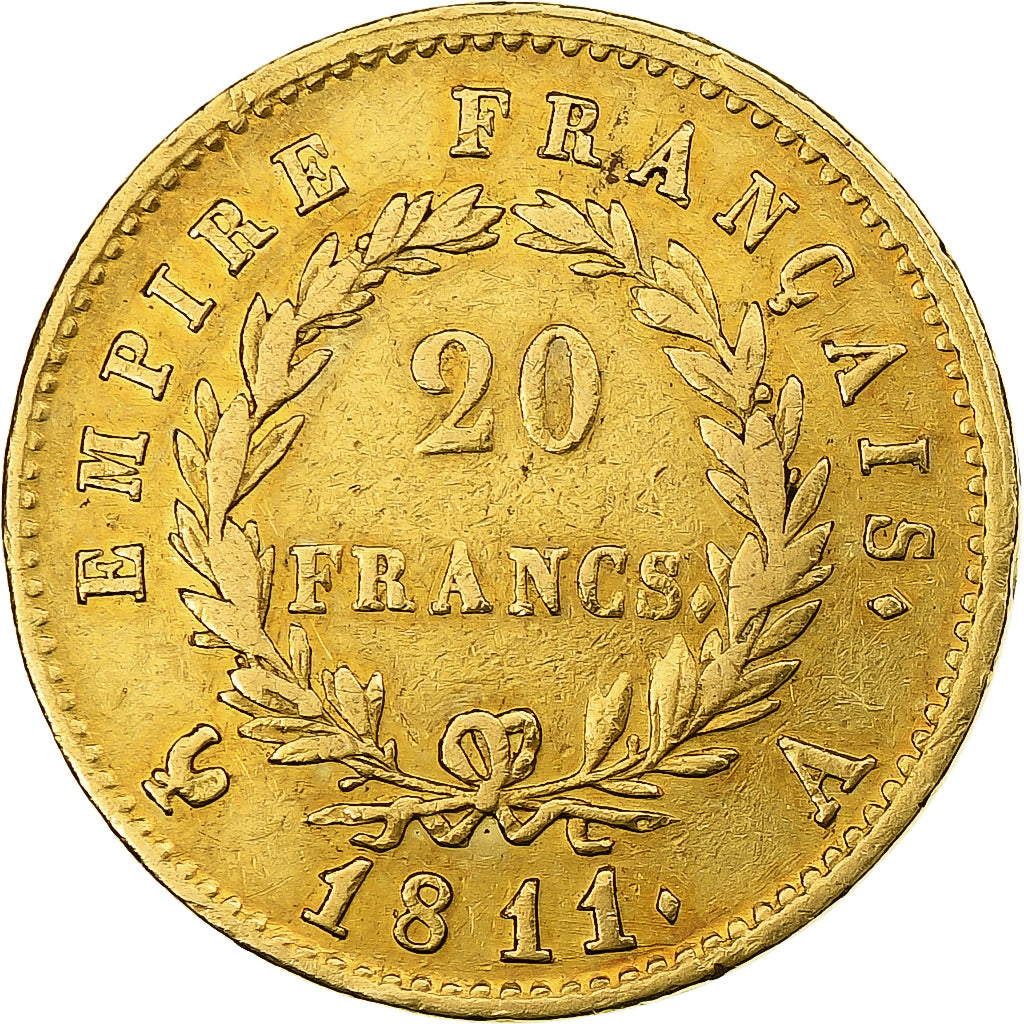 Francja, 20 Francs, Napoléon I, 1811, Paris, Złoto, VF(30-35), Gadoury:1025