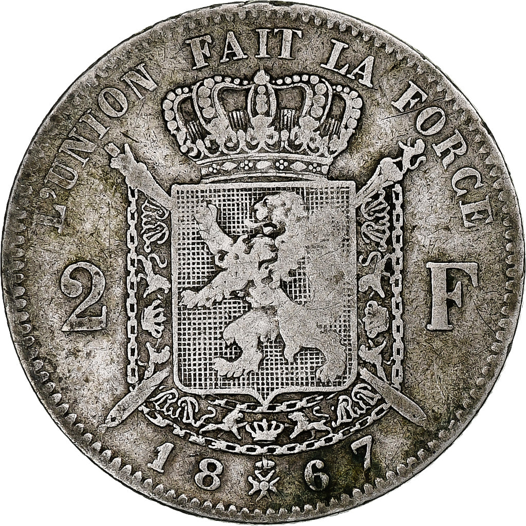 Belgio, Leopold II, 2 Francs, 2 Frank, 1867, Argento, MB, KM:30.2