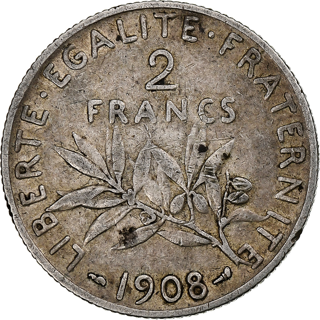 Francia, 2 Francs, Semeuse, 1908, Paris, Argento, MB, Gadoury:532, KM:845.1