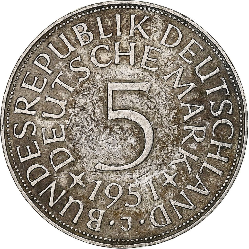 République fédérale allemande, 5 Mark, 1951, Hamburg, Argent, TB+, KM:112.1