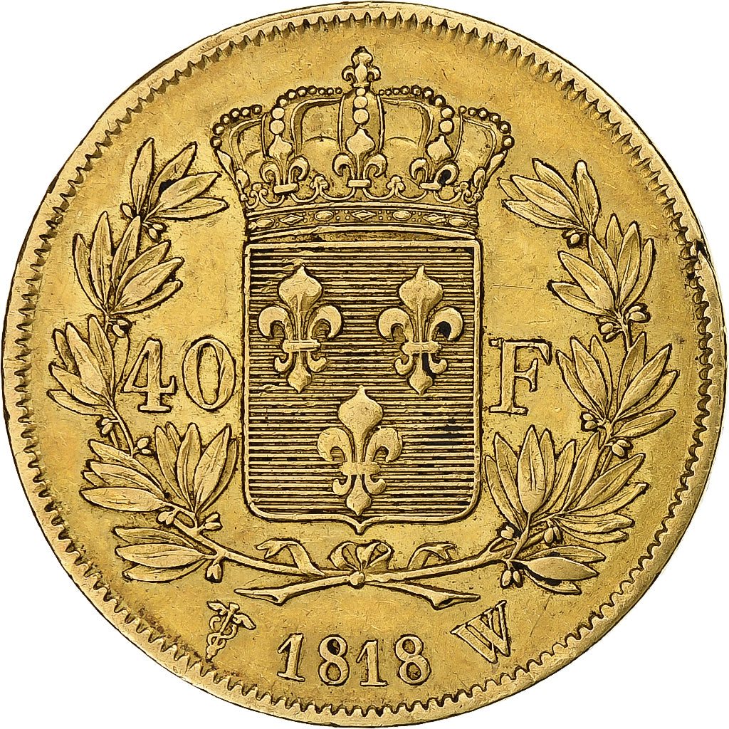 Francia, Louis XVIII, 40 Francs, 1818, Lille, Oro, BB+, Gadoury:1092, KM:713.6