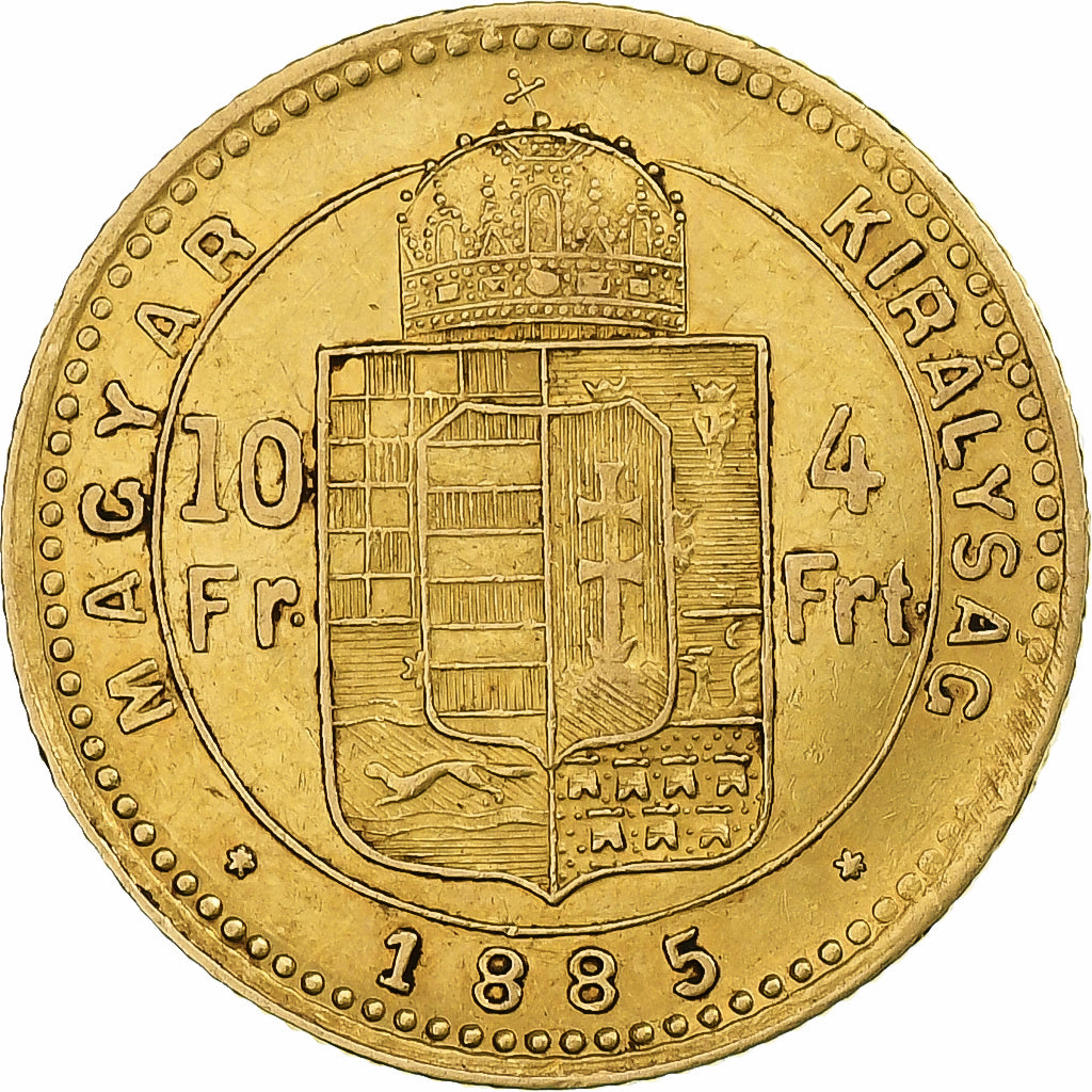 Hungria, Franz Joseph I, 4 Forint 10 Francs, 1885, Kremnica, Dourado, AU(50-53)