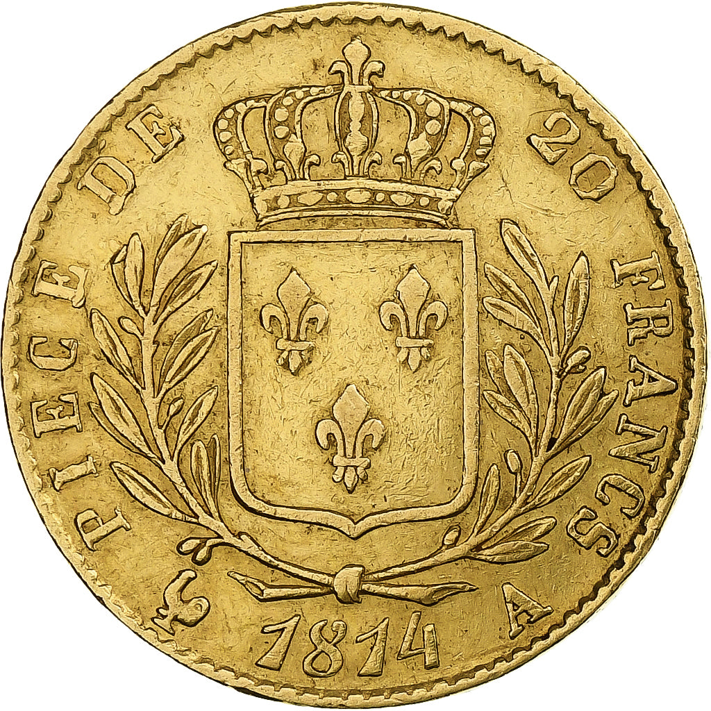 France, Louis XVIII, 20 Francs, 1814, Paris, Gold, AU(50-53), Gadoury:1026