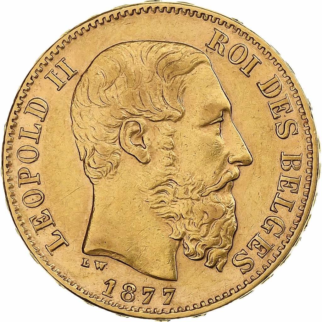 Bélgica, Leopold II, 20 Francs, 20 Frank, 1877, Oro, MBC+, KM:37