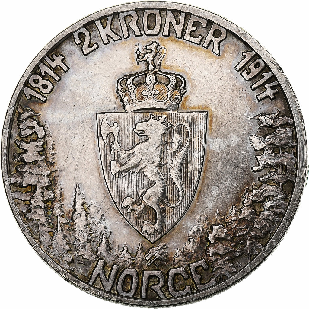 Noorwegen, Haakon VII, 2 Kroner, 1914, Zilver, ZF, KM:377