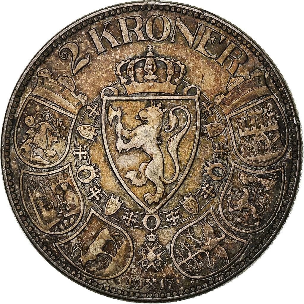 Noruega, Haakon VII, 2 Kroner, 1917, Plata, MBC, KM:370