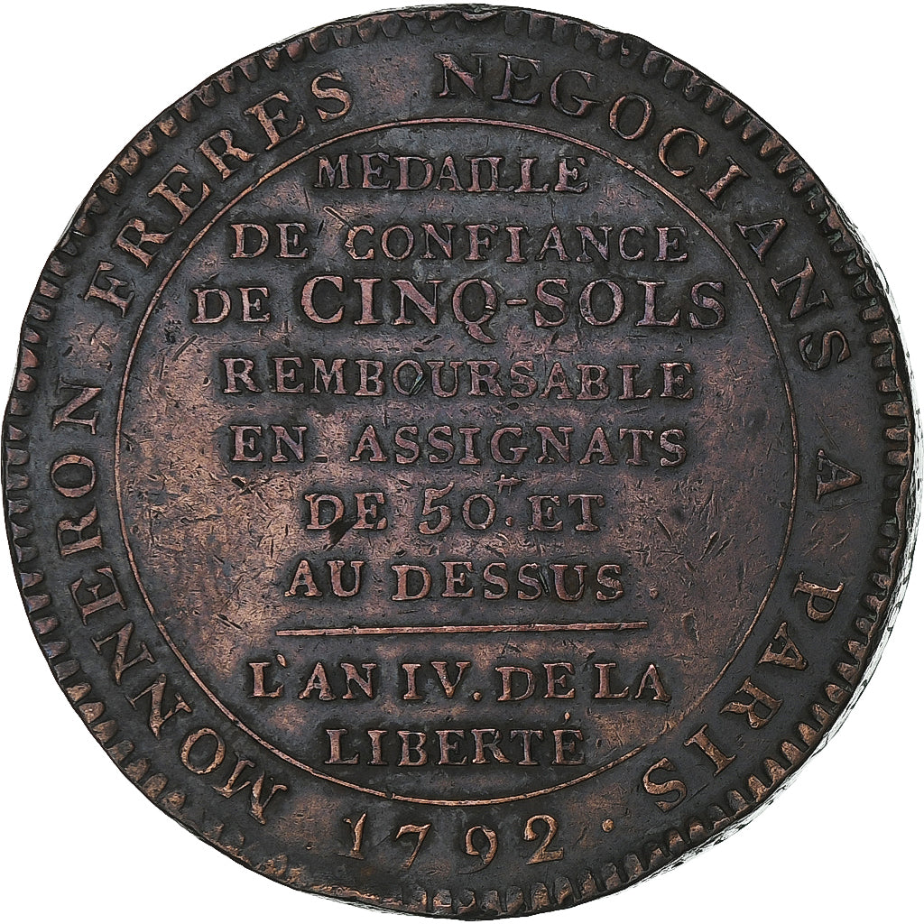 France, 5 Sols, 1792 / AN 4, Birmingham, Monneron, Bronze, VF(30-35)