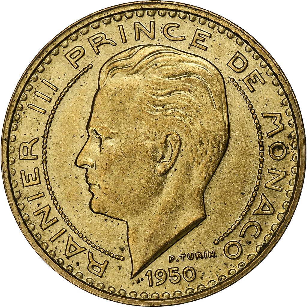Monaco, Rainier III, 20 Francs, Vingt, 1950, Aluminum-Bronze, AU(50-53)