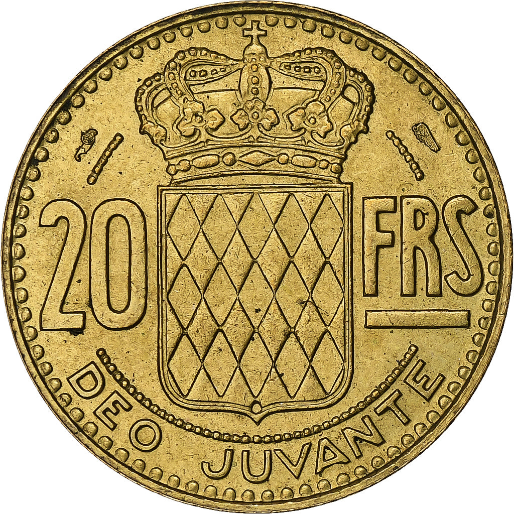 Monaco, Rainier III, 20 Francs, Vingt, 1950, Aluminum-Bronze, AU(50-53)