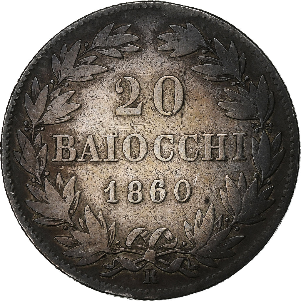ITALIAN STATES, PAPAL STATES, Pius IX, 20 Baiocchi, 1860, Rome, Silver