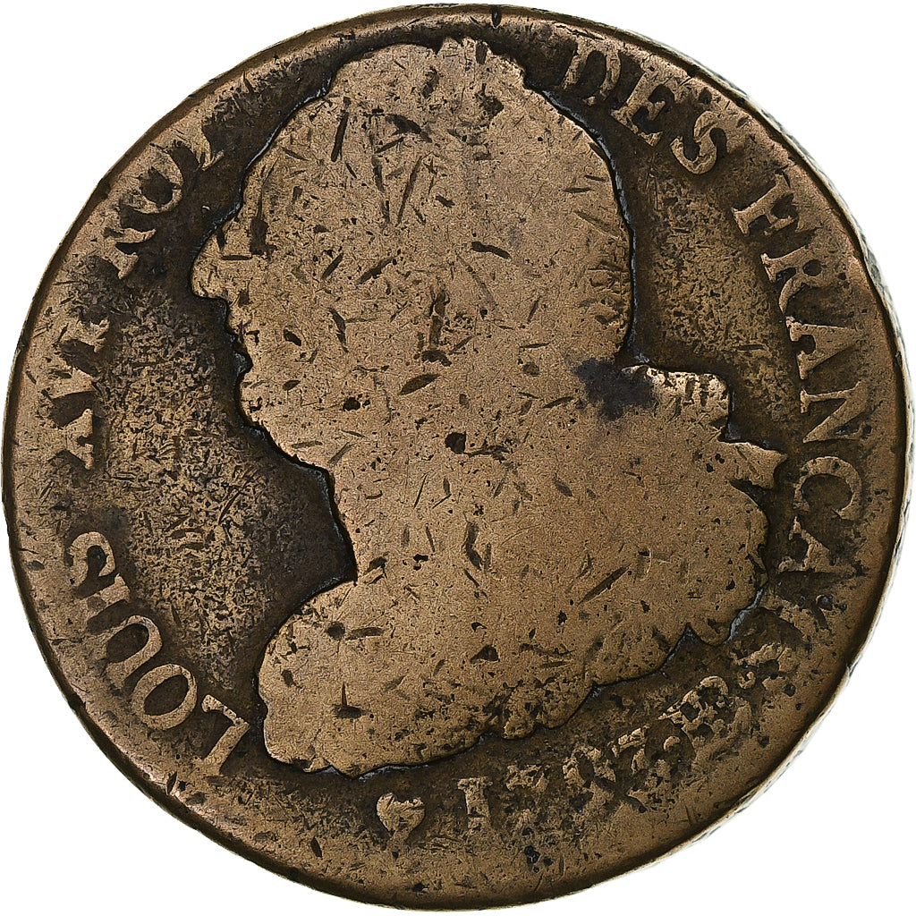 França, 2 Sols, 2 sols français, 1793, Strasbourg, Bronze, F(12-15)