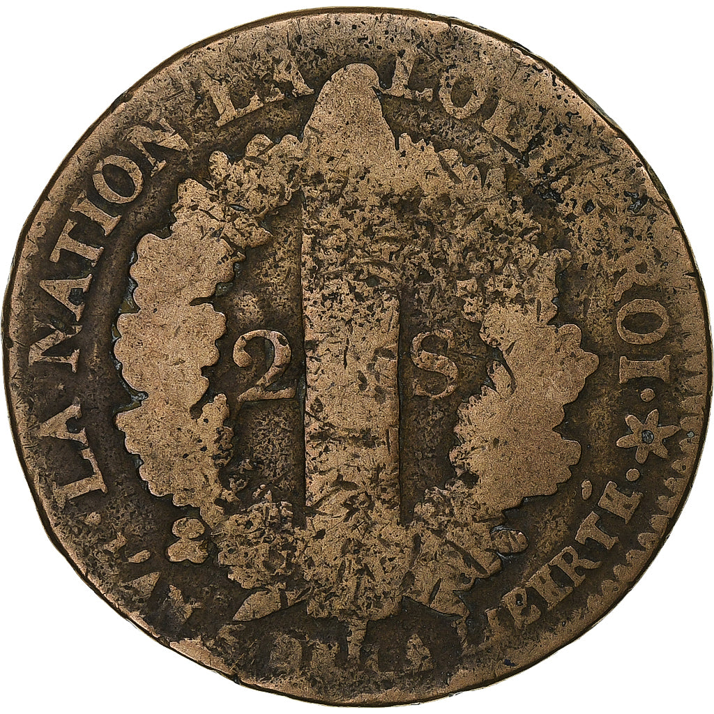 França, 2 Sols, 2 sols français, 1793, Strasbourg, Bronze, F(12-15)