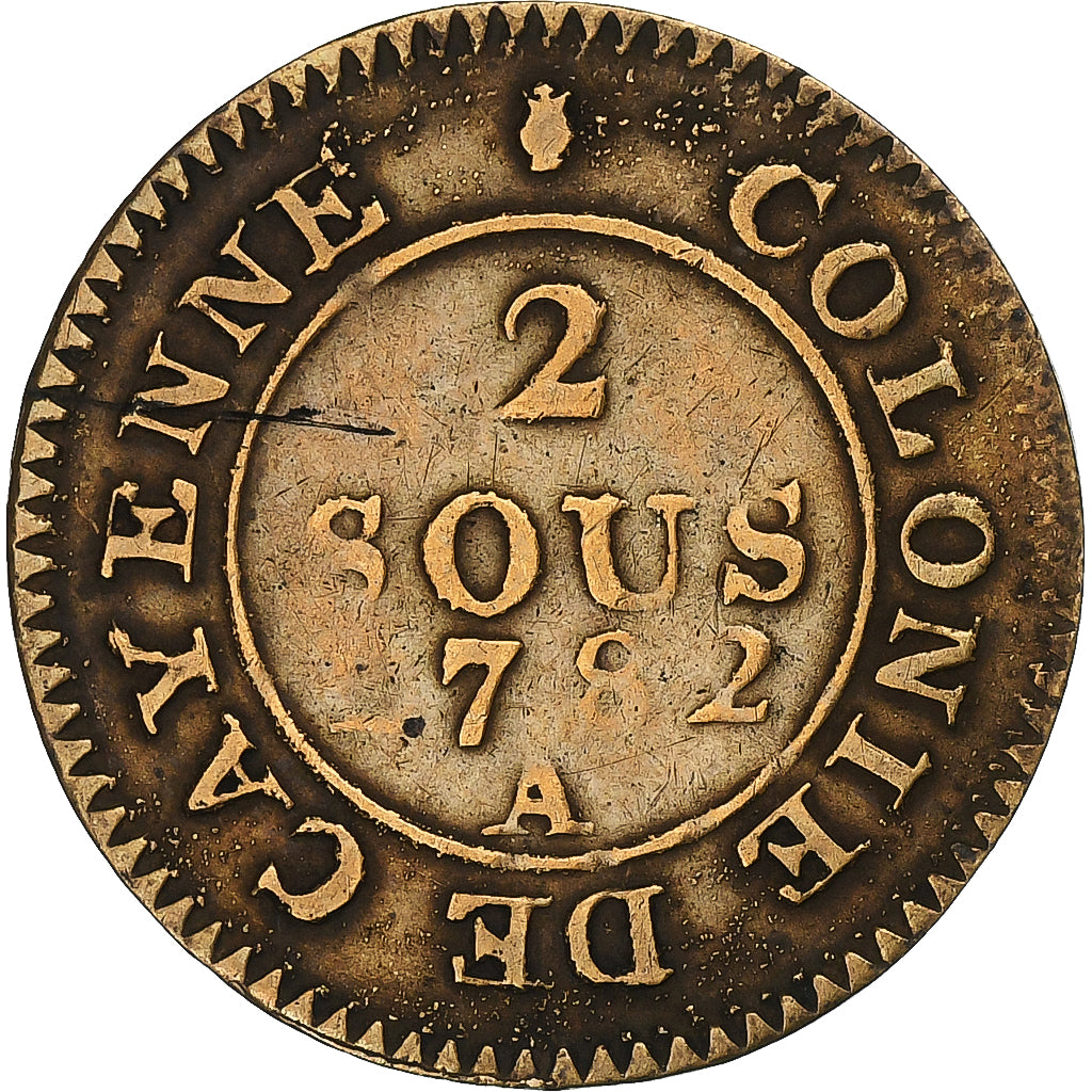 FRENCH GUIANA, Louis XVI, 2 Sous, 1782, Paris, Billon, VF(30-35), Lecompte:13