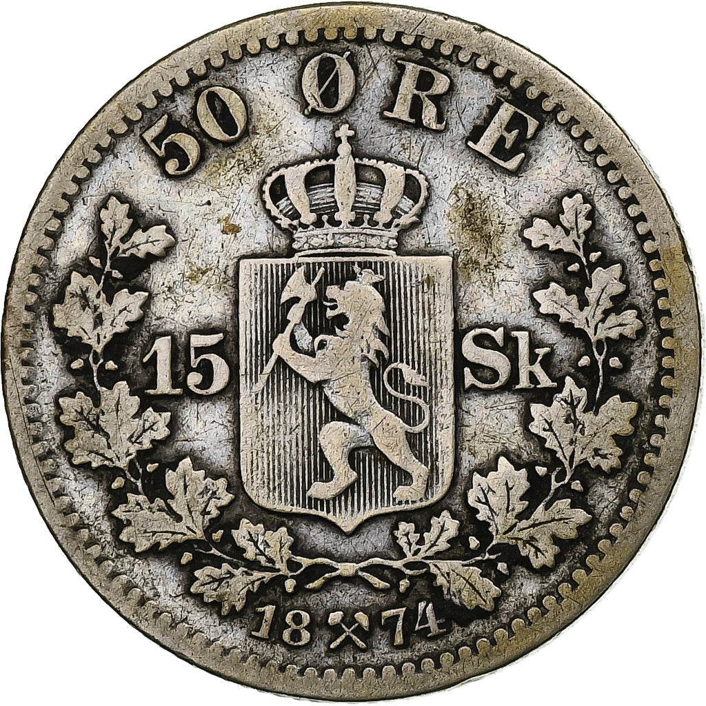 Norway, Oscar II, 50 Öre, 1974, Silver, VF(20-25), KM:346
