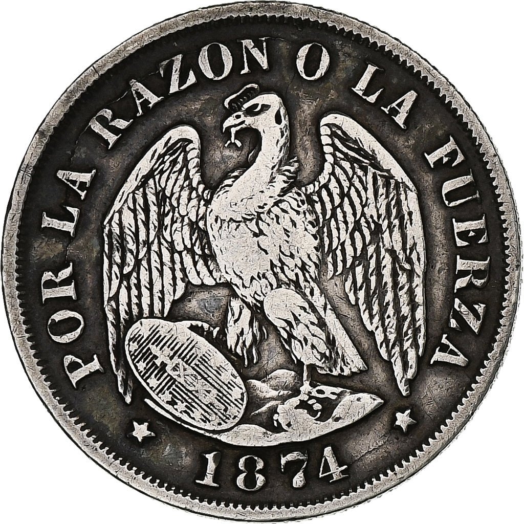 Cile, 20 Centavos, 1874, Santiago, Argento, BB, KM:138.1