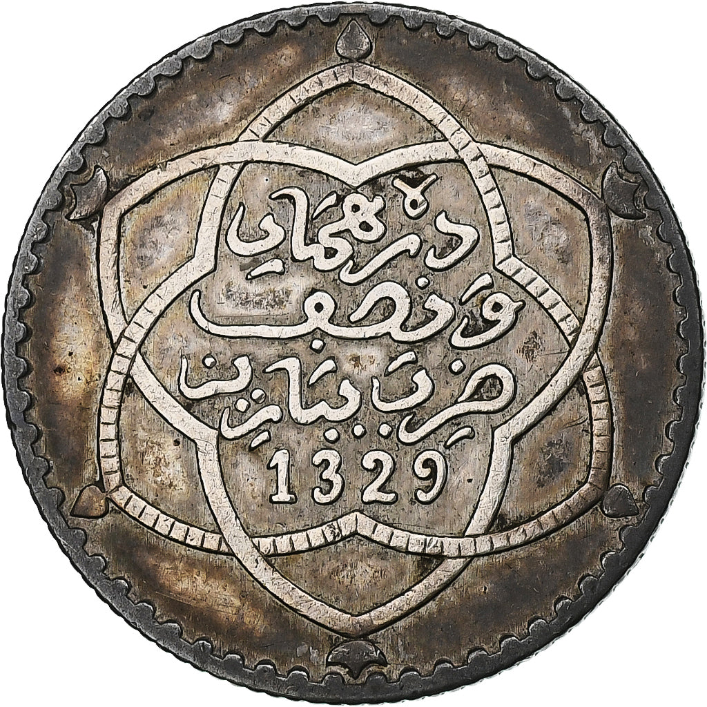 Morocco, 'Abd al-Hafiz, 1/4 Rial, 2-1/2 Dirhams, 1911/AH1329, bi-Bariz, Silver