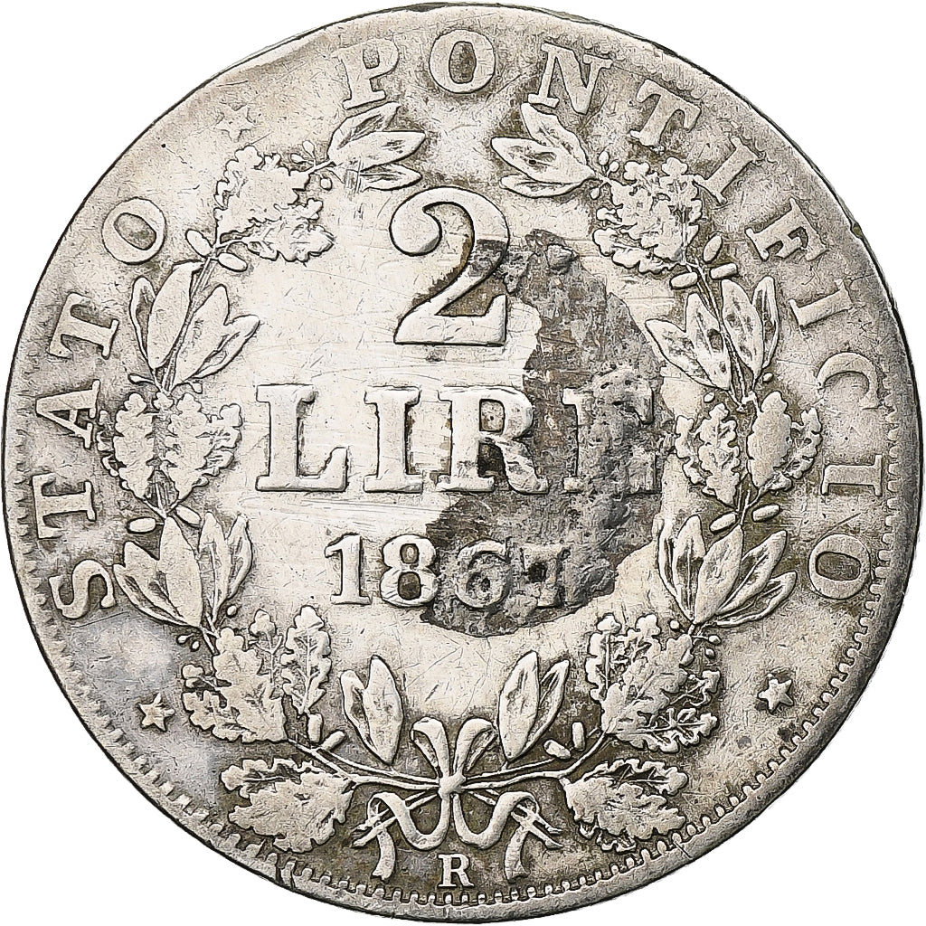ITALIAN STATES, PAPAL STATES, Pius IX, 2 Lire, 1867, Rome, Silver, VF(30-35)
