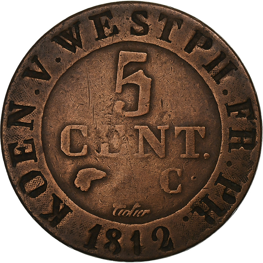 Stati tedeschi, WESTPHALIA, Jerome, 5 Centimes, 1812, Cassel, Rame, BB