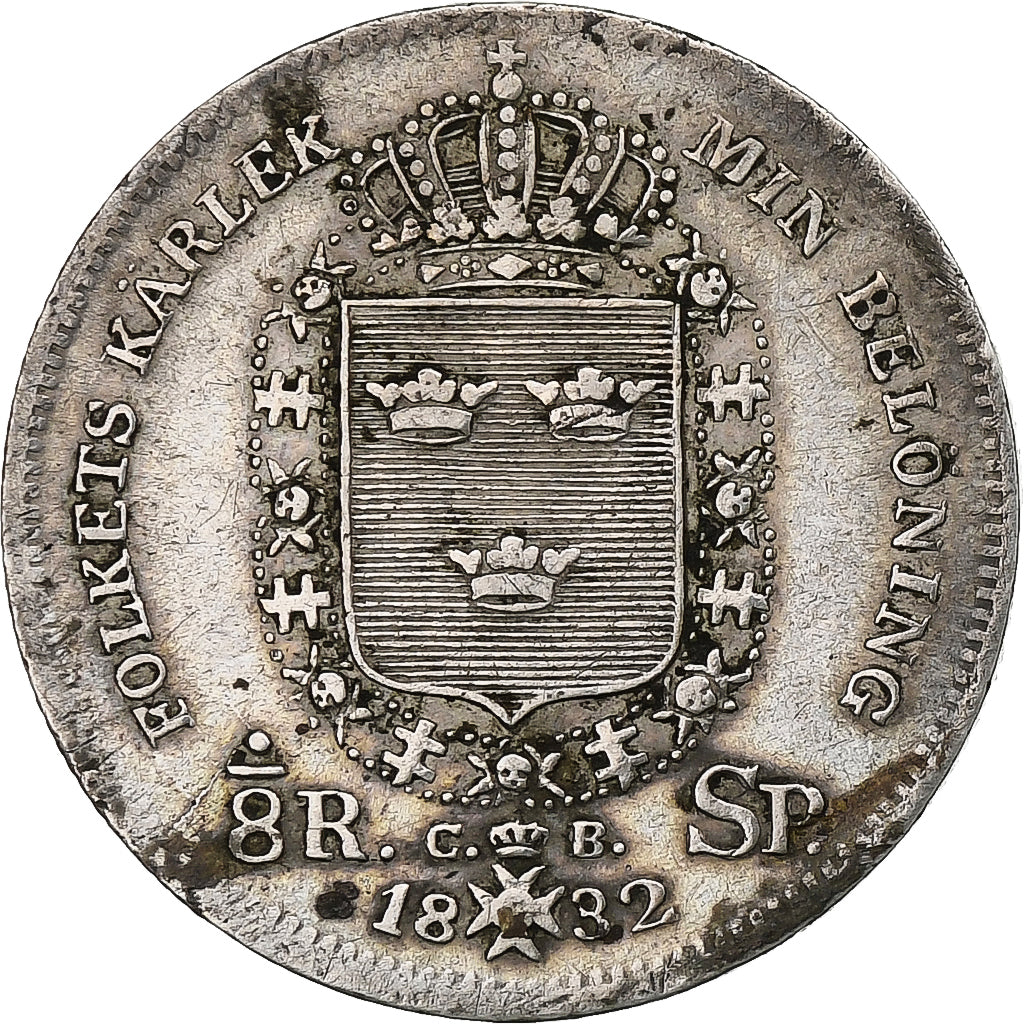 Svezia, Carl XIV Johan, 1/8 Riksdaler, 1832, Argento, BB+, KM:626