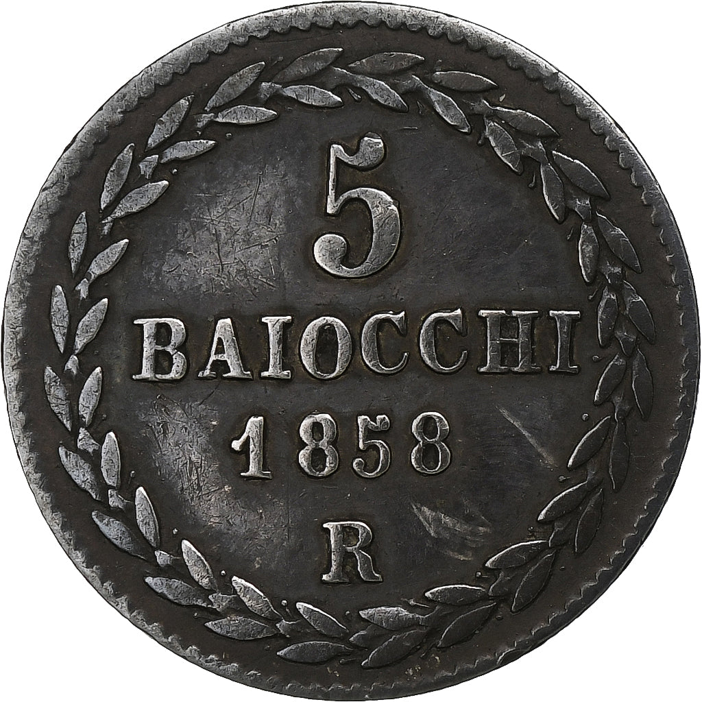 États italiens, PAPAL STATES, Pius IX, 5 Baiocchi, 1858, Rome, Argent, TTB