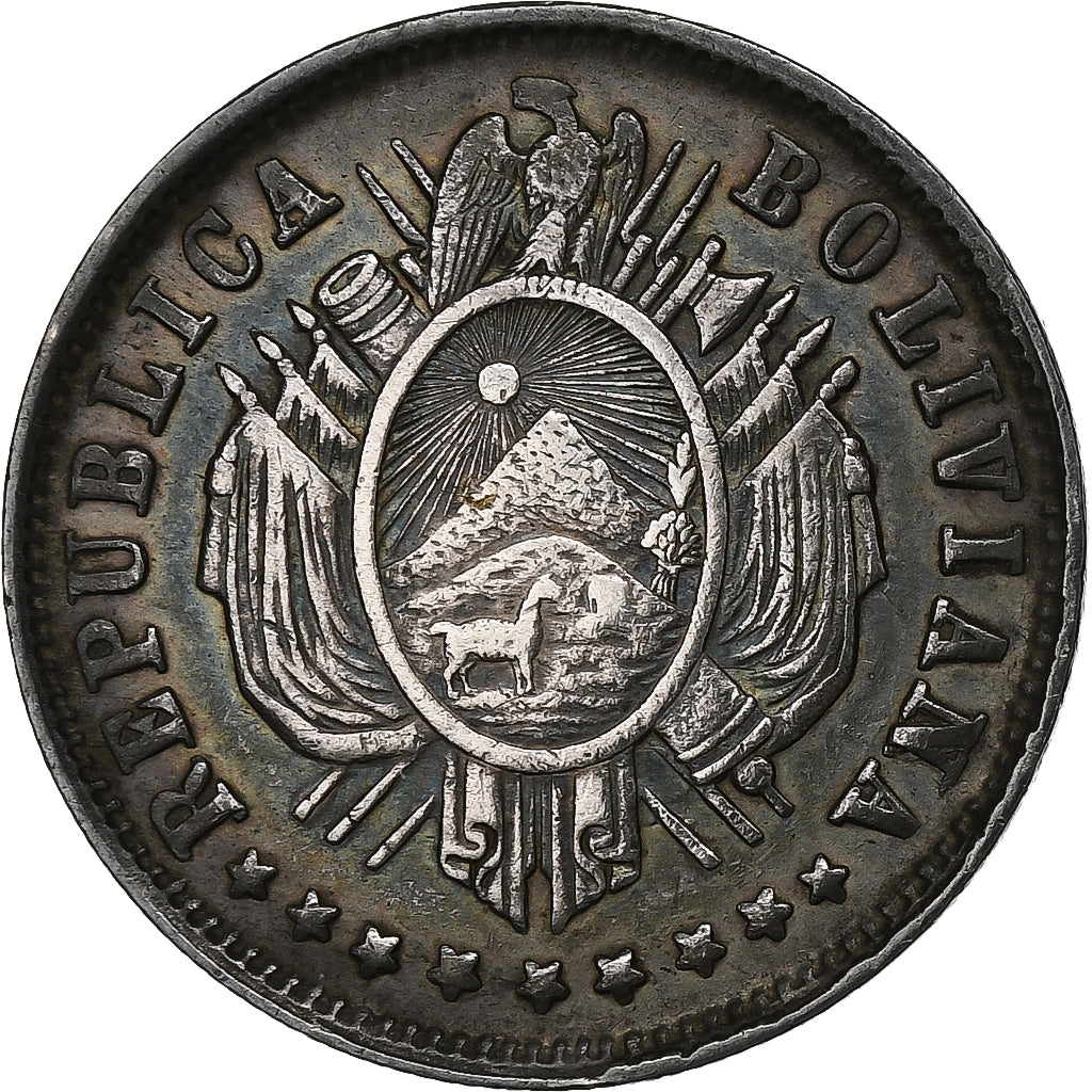 Bolívia, 20 Centavos, 1879, Prata, EF(40-45), KM:159.1