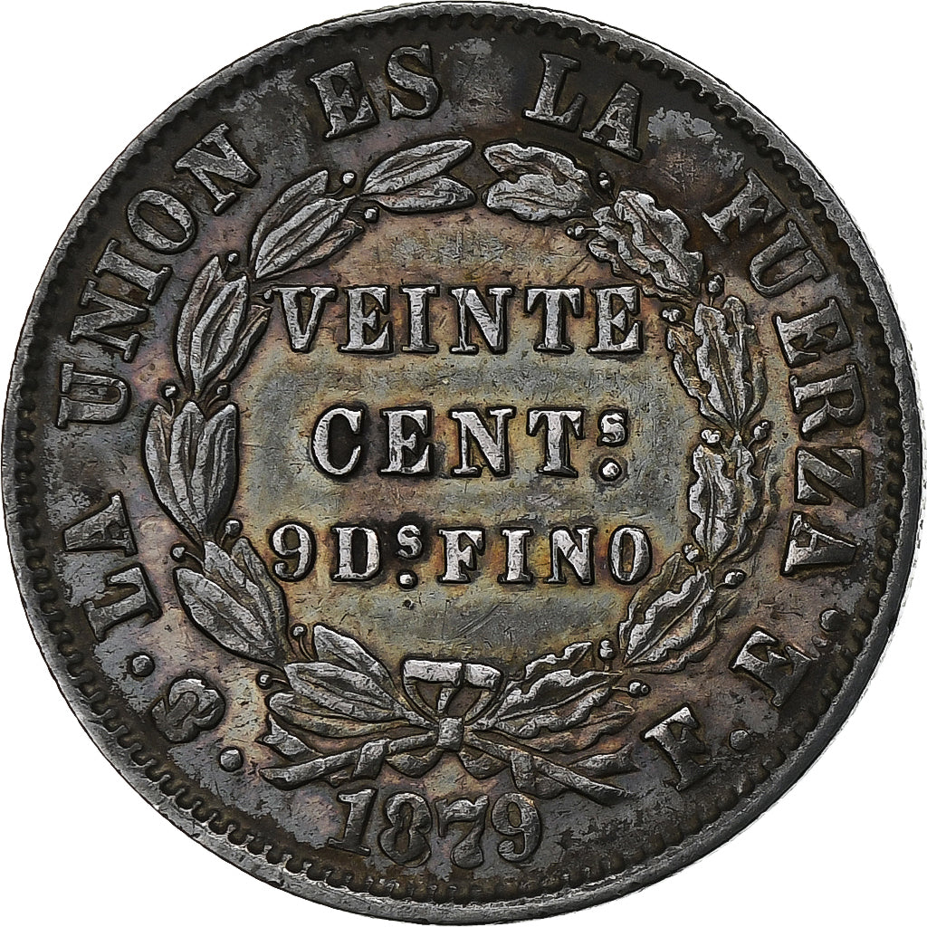 Bolívia, 20 Centavos, 1879, Prata, EF(40-45), KM:159.1