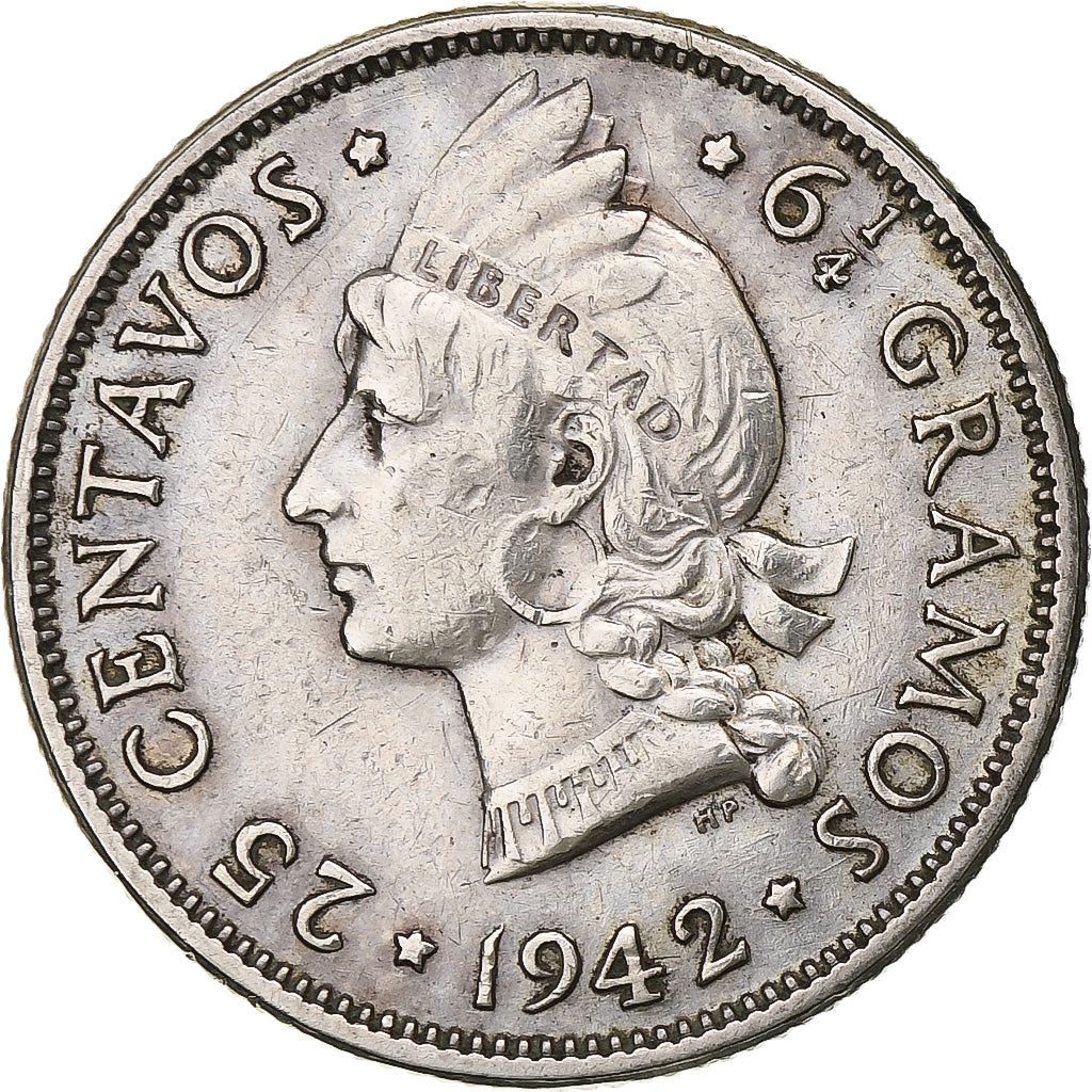 Repubblica domenicana, 25 Centavos, 1942, Argento, BB, KM:20