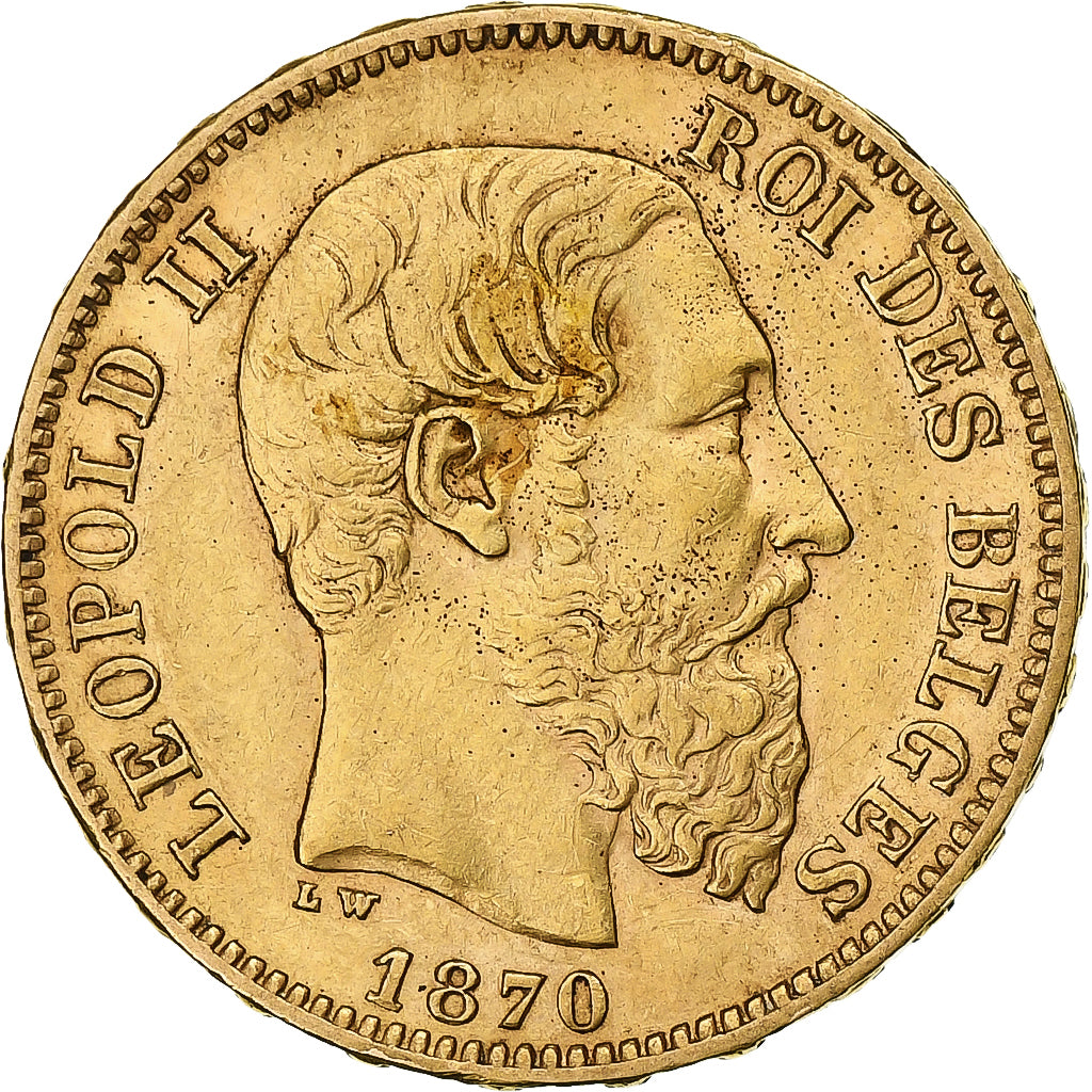 Belgio, Leopold II, 20 Francs, 20 Frank, 1870, Oro, BB, KM:37