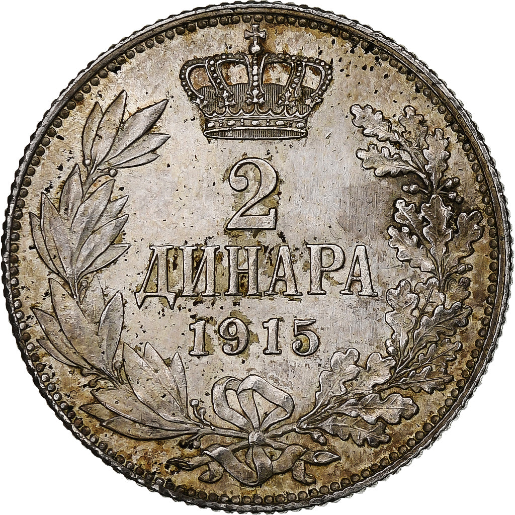Serbia, Peter I, 2 Dinara, 1915, Gorham Mfg. Co., Argento, BB+, KM:26.2